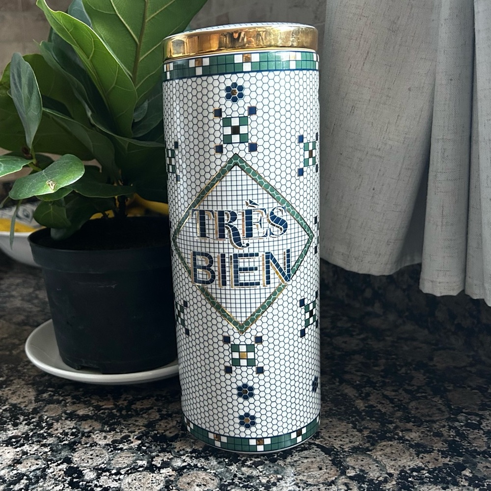 Anthropologie bistro tile canister “Tres Bien” like new